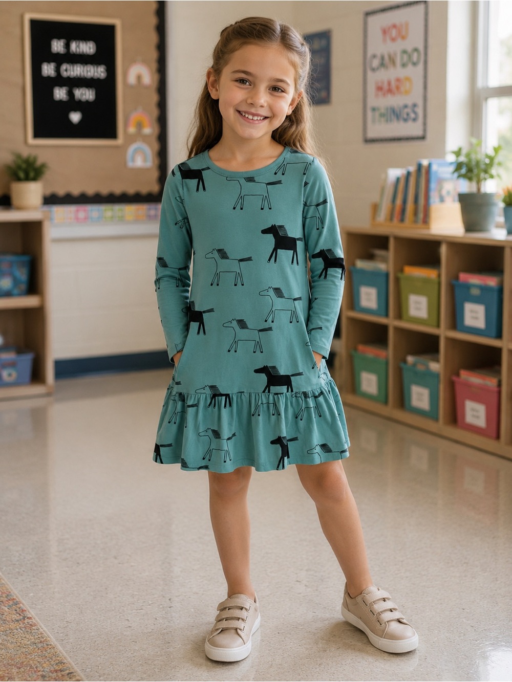 TEA Girls Teal Dog Print Long-Sleeve Ruffle Hem dress.